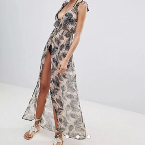South Beach Dusky Palm Print Maxi Dress with Split Size Medium